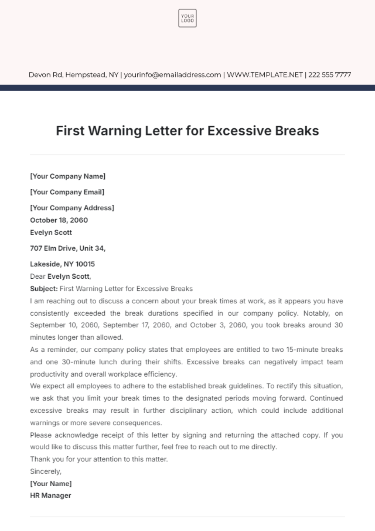 First Warning Letter for Excessive Breaks Template - Edit Online & Download