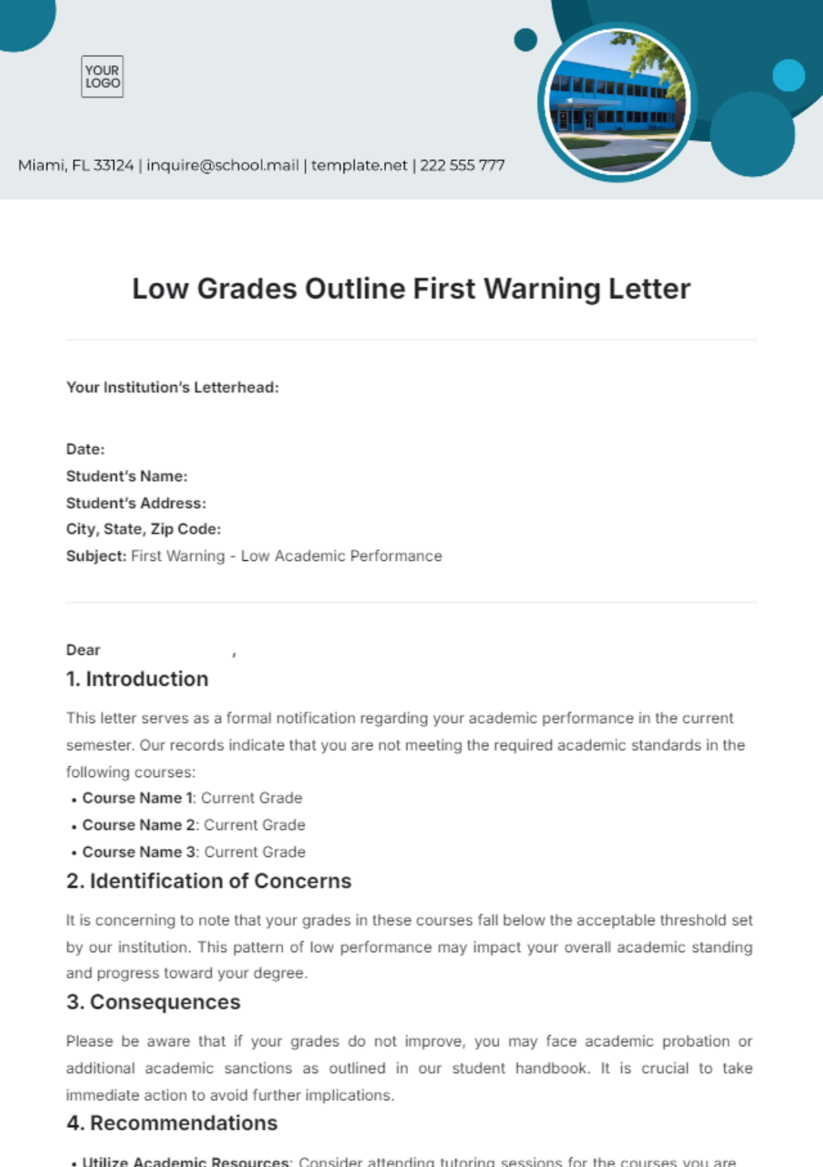 Low Grades Outline First Warning Letter Template - Edit Online & Download