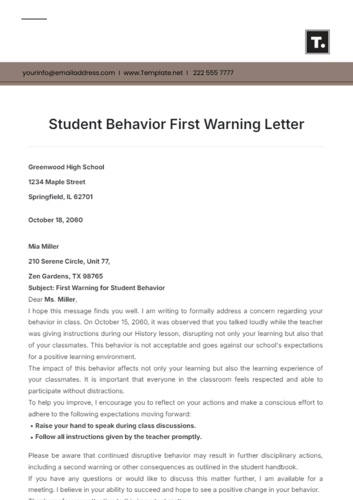 Student Behavior First Warning Letter Template - Edit Online & Download