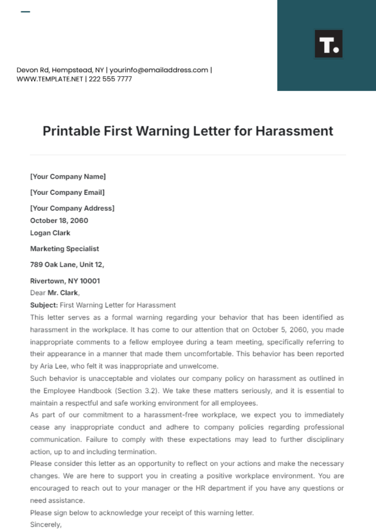 Printable First Warning Letter for Harassment Template - Edit Online & Download