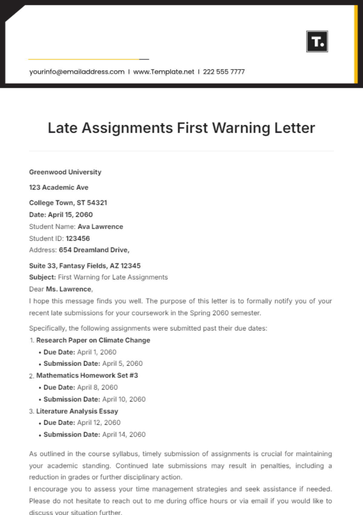 Late Assignments First Warning Letter Template - Edit Online & Download