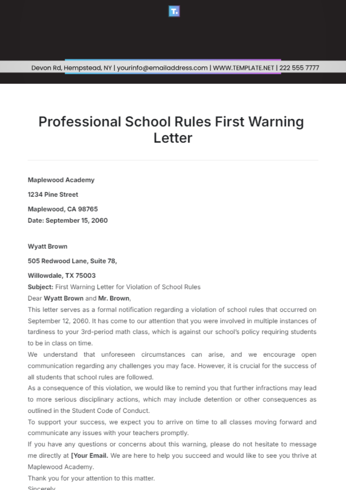 Professional School Rules First Warning Letter Template - Edit Online & Download