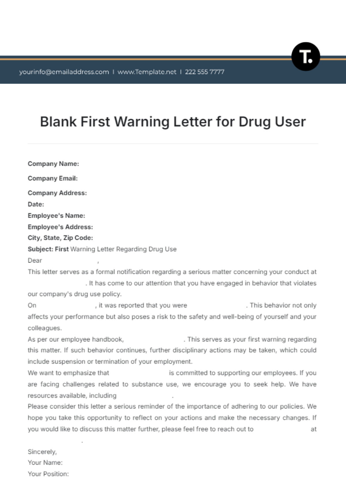 Free Blank First Warning Letter for Drug User Template to Edit Online