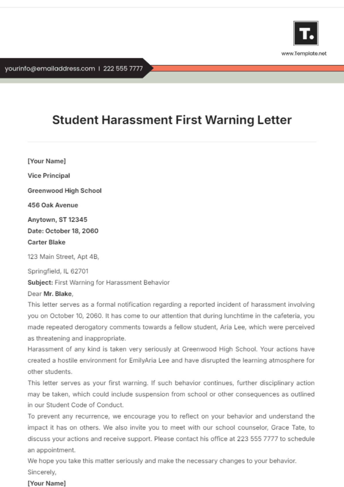 Student Harassment First Warning Letter Template - Edit Online & Download