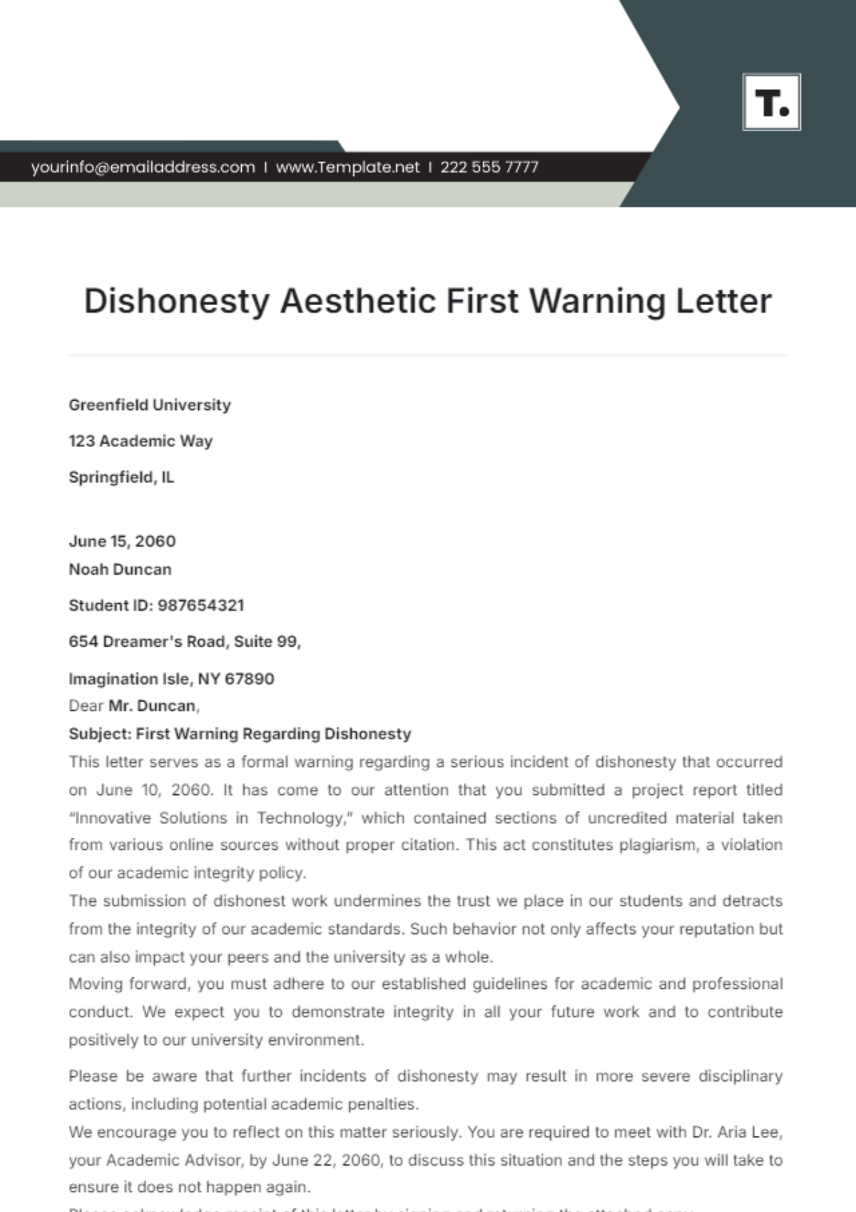 Dishonesty Aesthetic First Warning Letter Template - Edit Online & Download