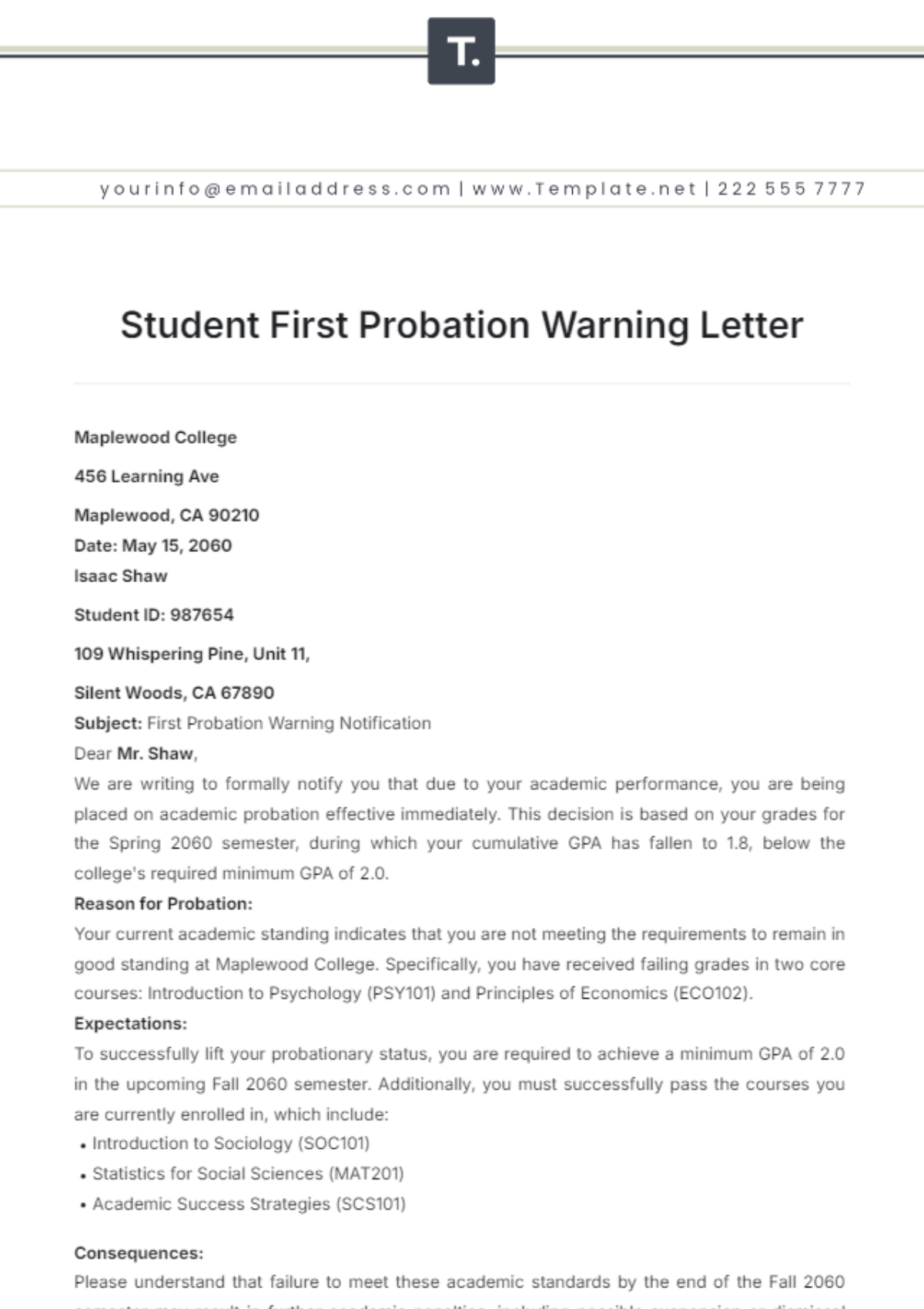 Student First Probation Warning Letter Template - Edit Online & Download