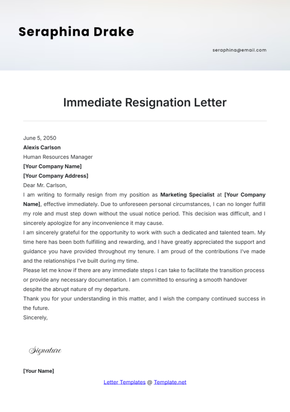 Immediate Resignation Letter Template - Edit Online & Download