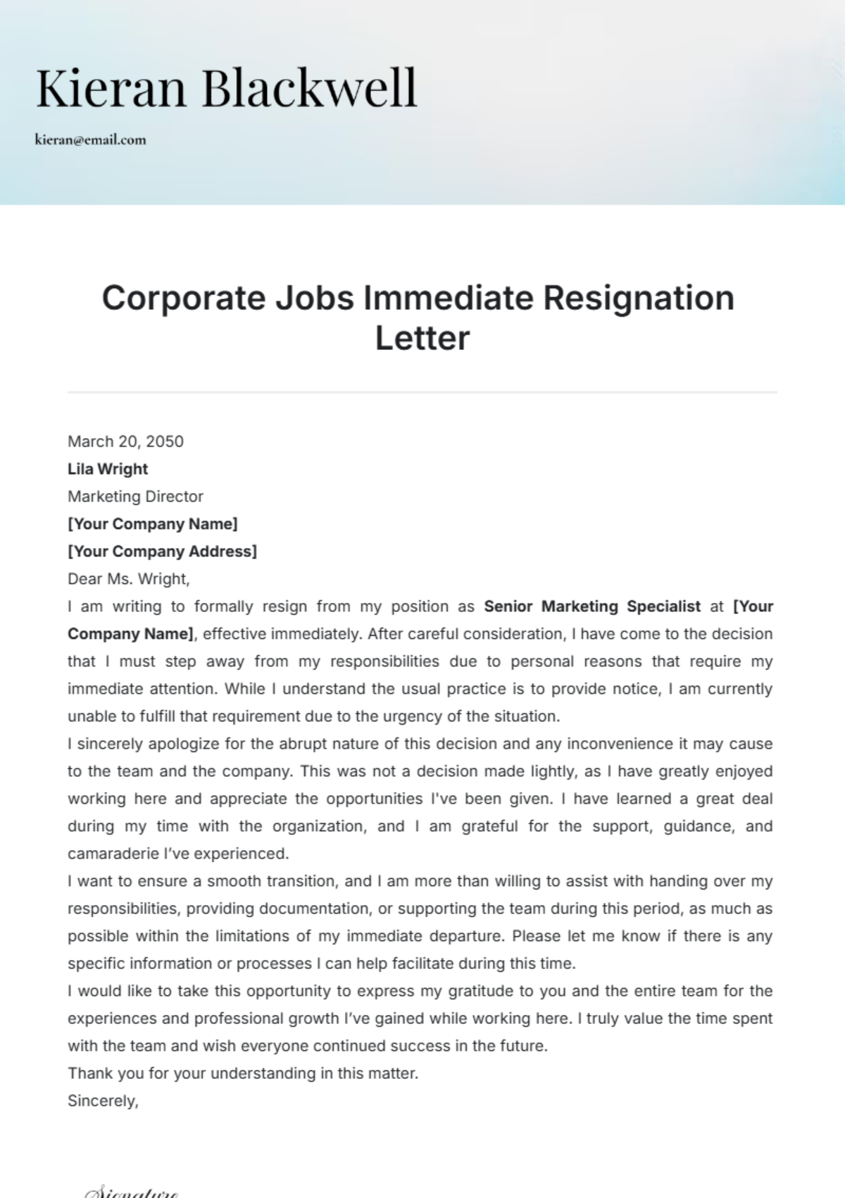 Corporate Jobs Immediate Resignation Letter Template - Edit Online & Download