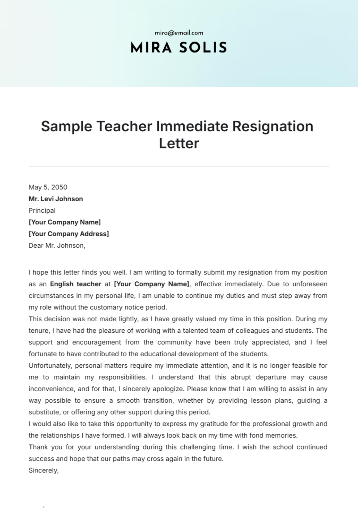 Sample Teacher Immediate Resignation Letter Template - Edit Online & Download