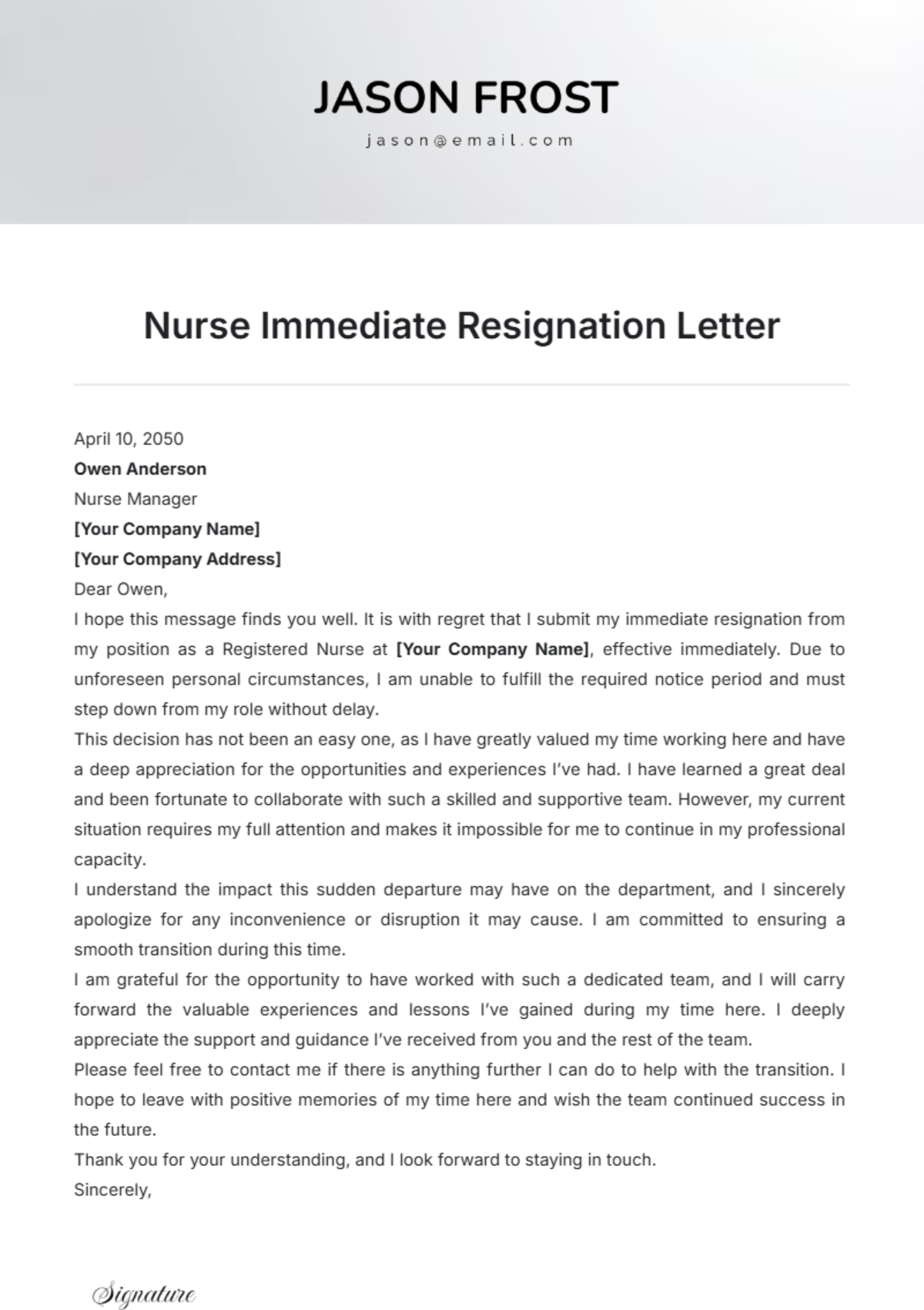 Nurse Immediate Resignation Letter Template - Edit Online & Download