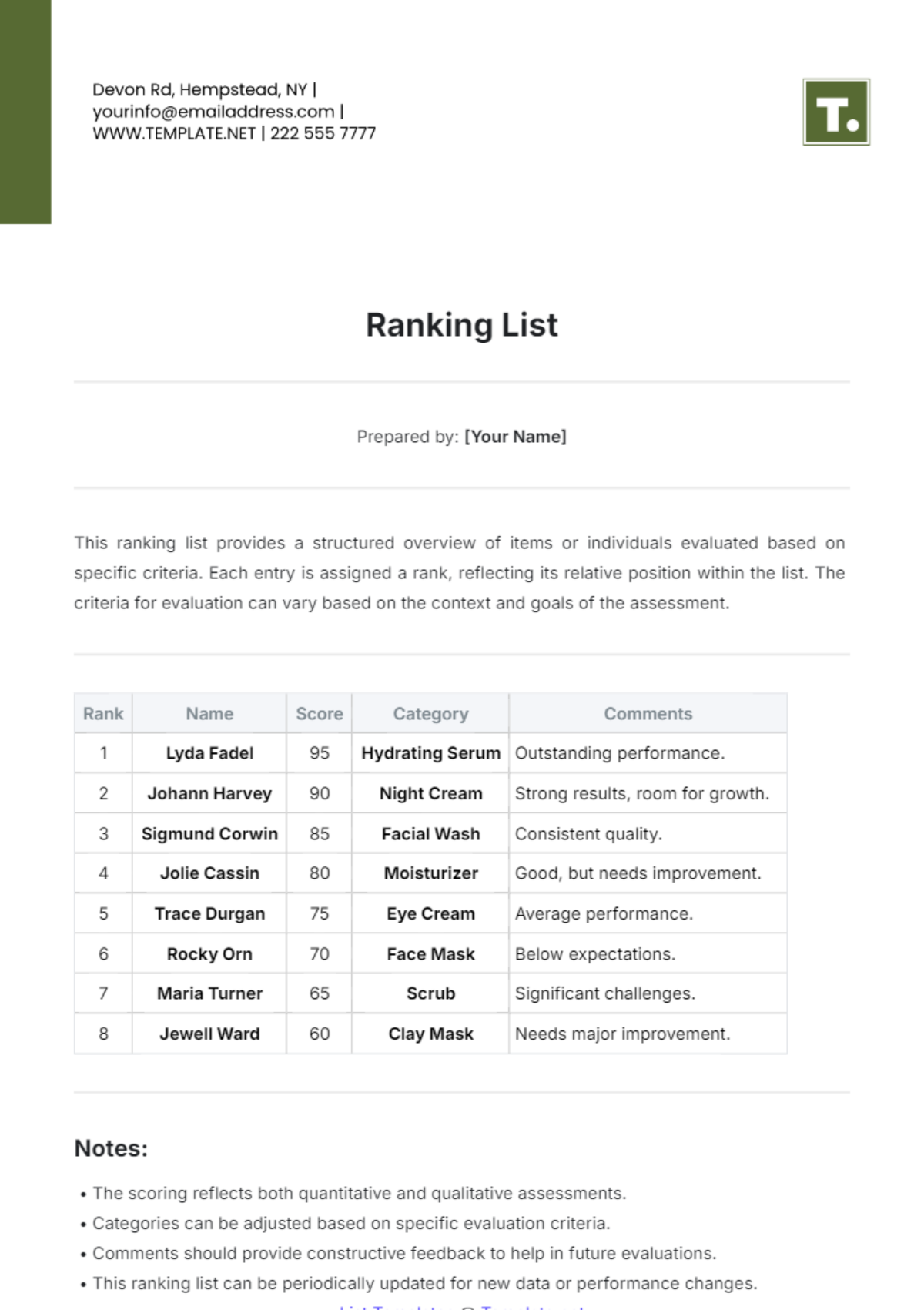 Ranking List Template - Edit Online & Download