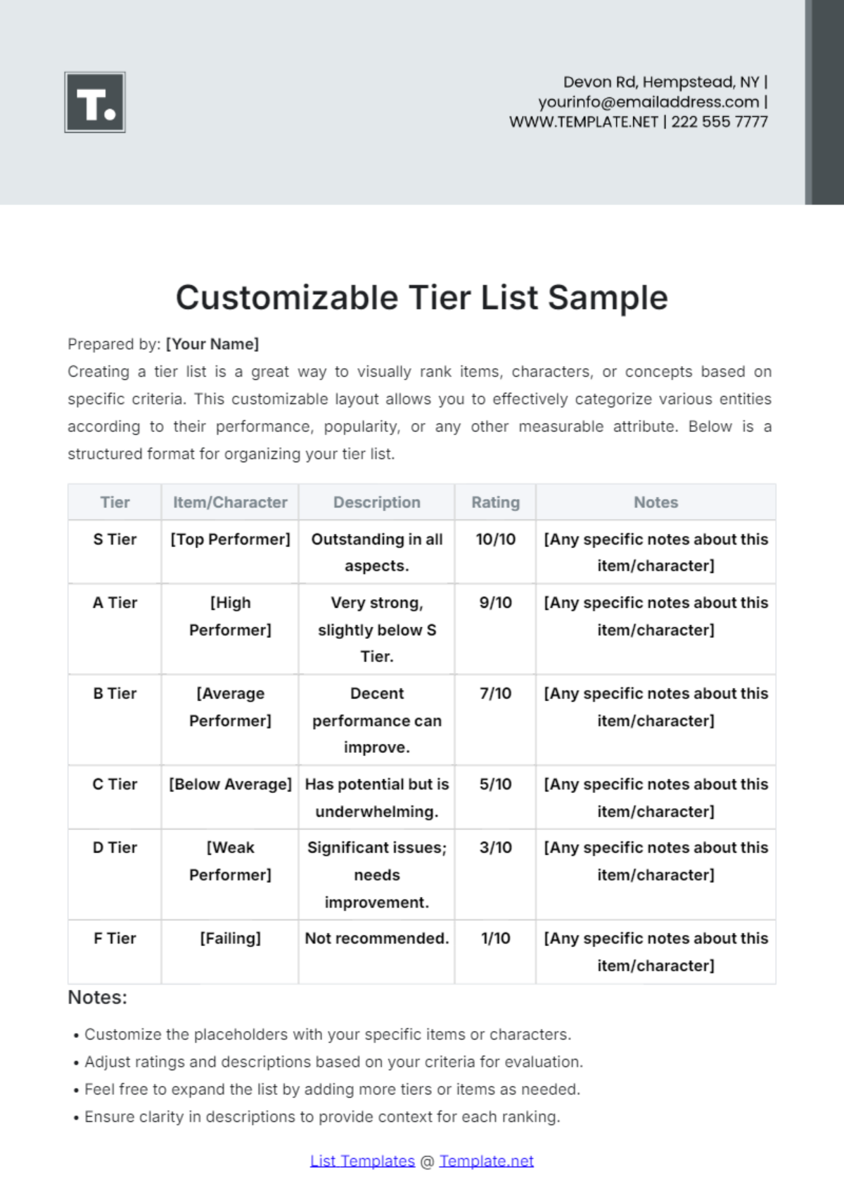 Customizable Tier List Sample Template