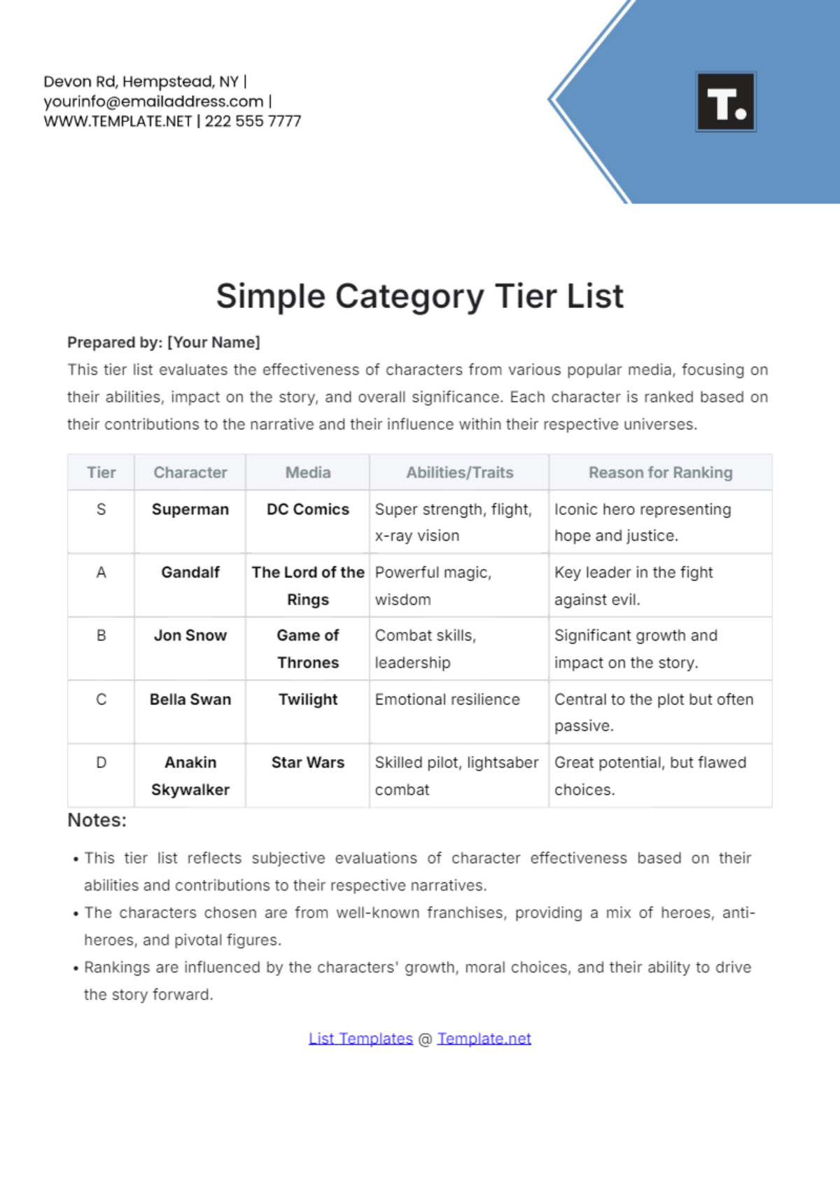 Simple Category Tier List Template