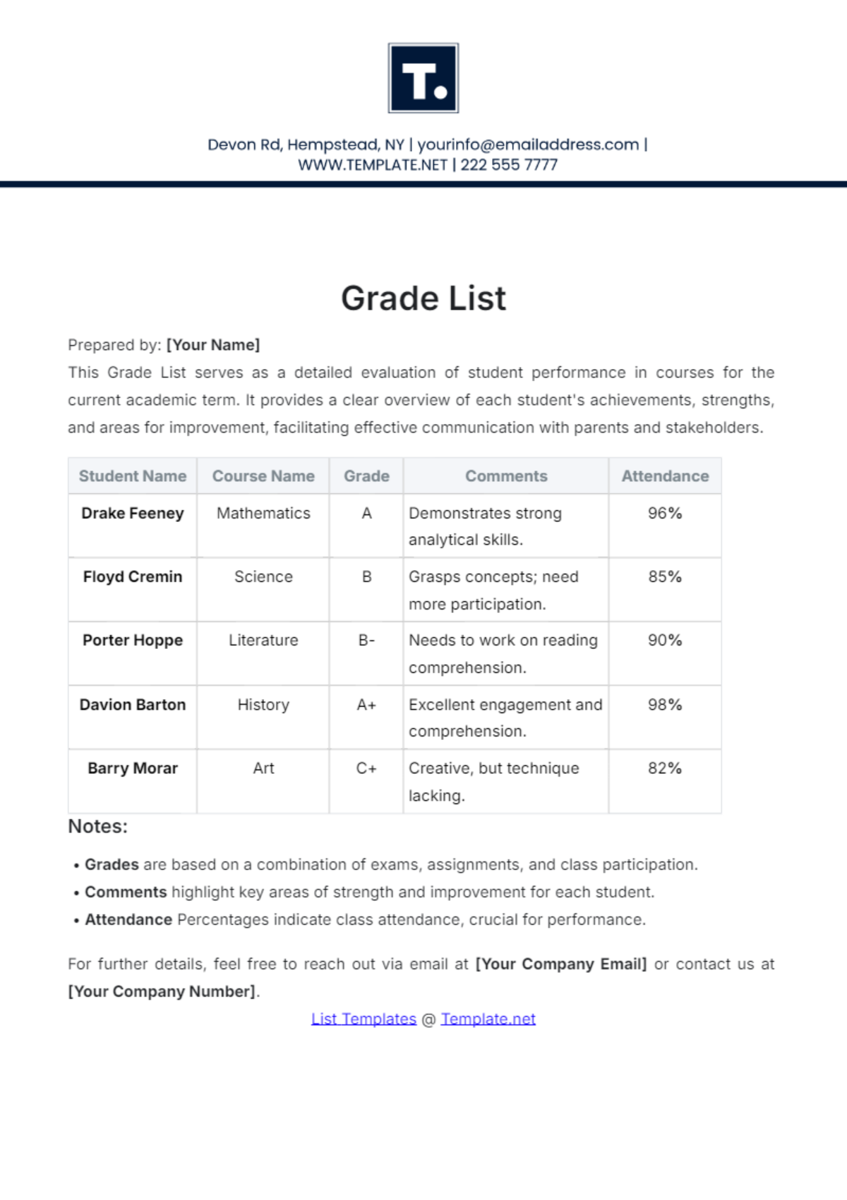 Grade List Template