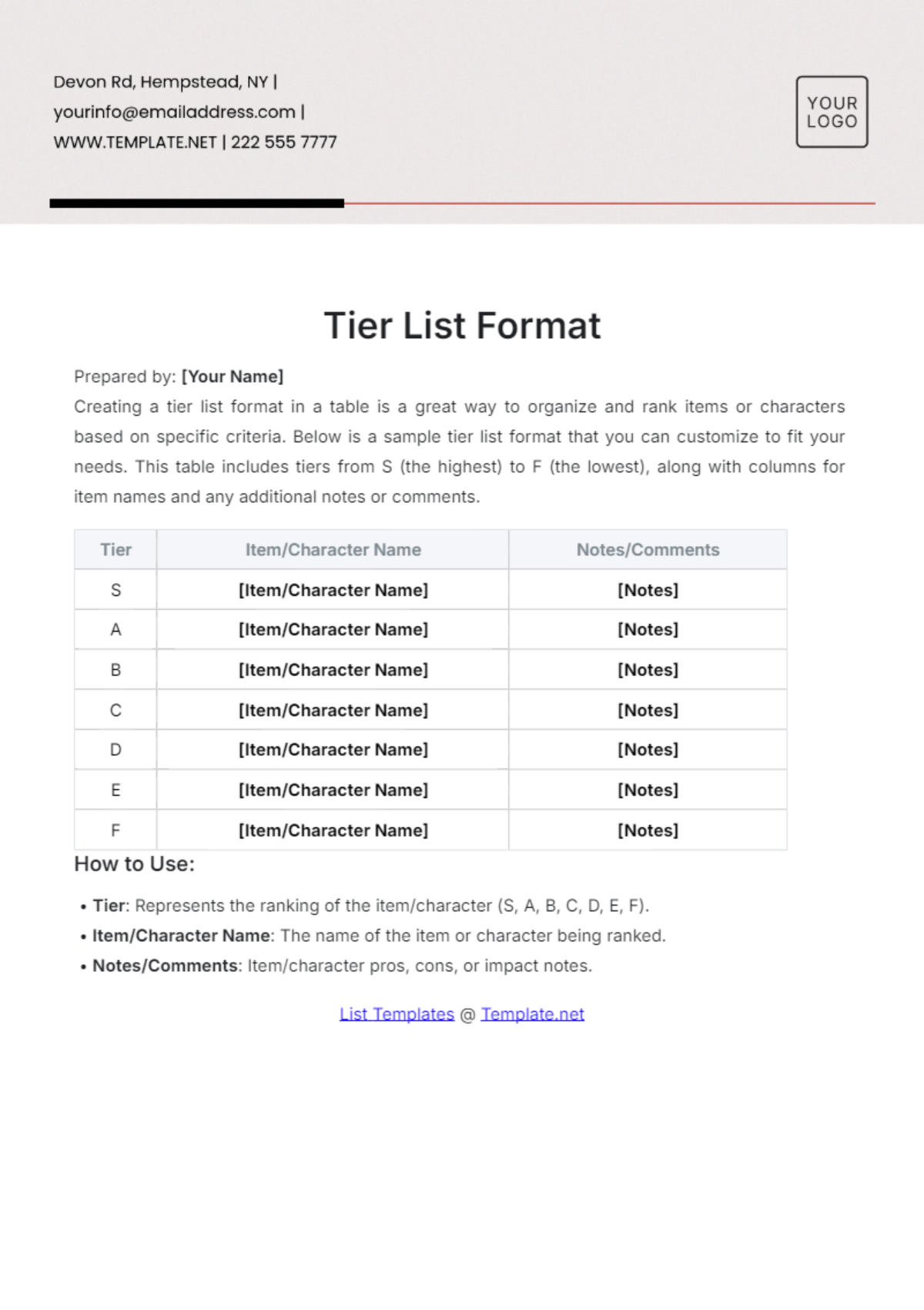 Tier List Format Template - Edit Online & Download