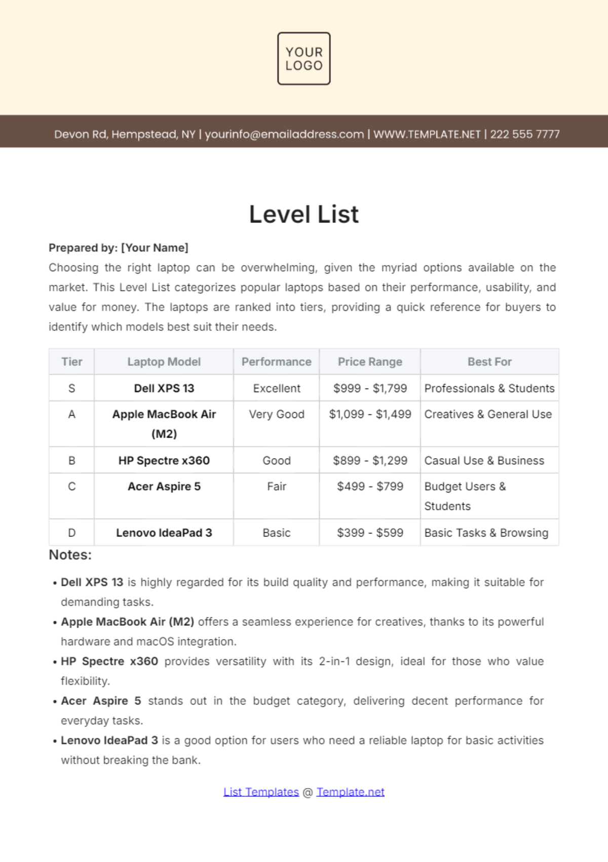 Level List Template