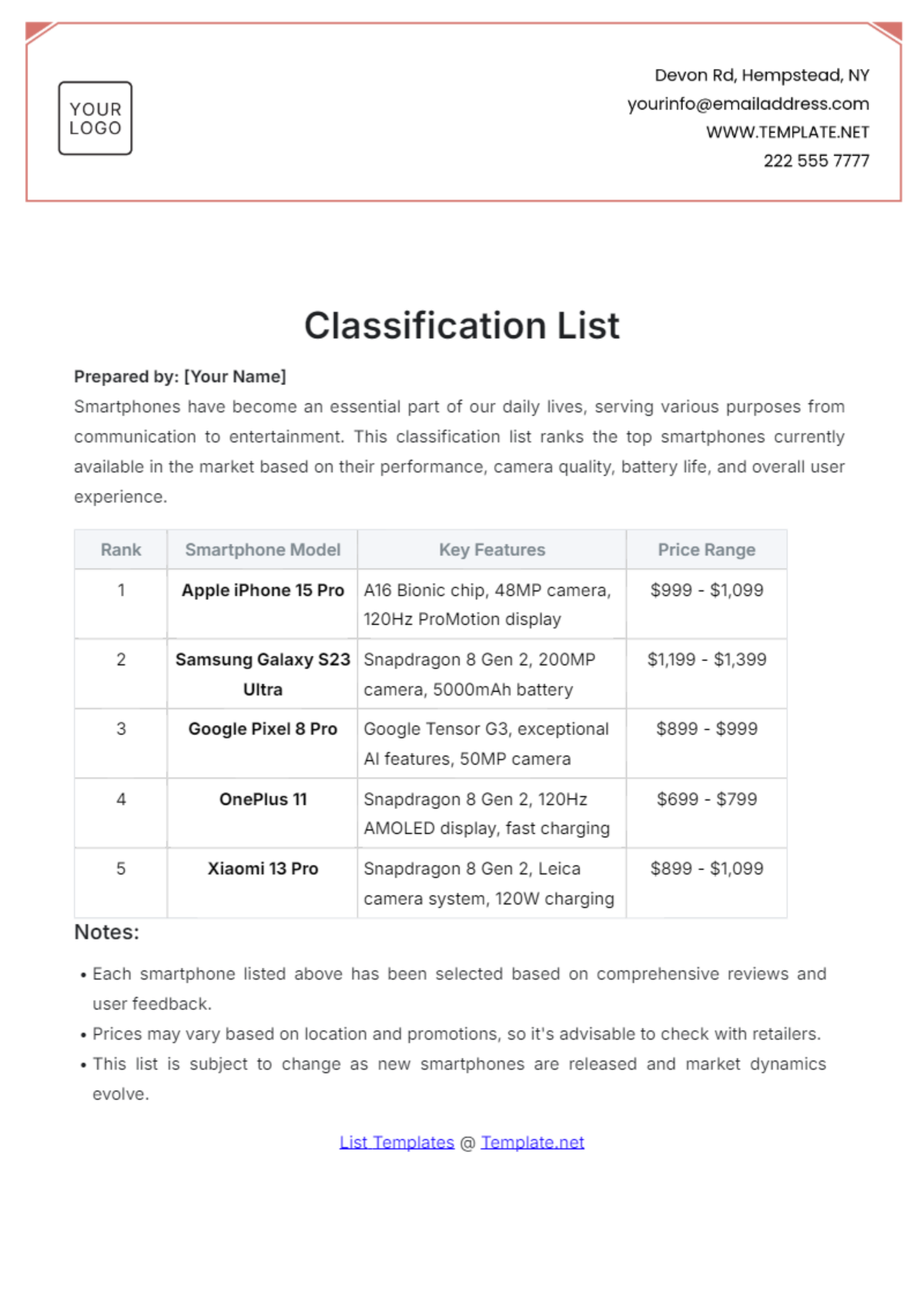 Classification List Template