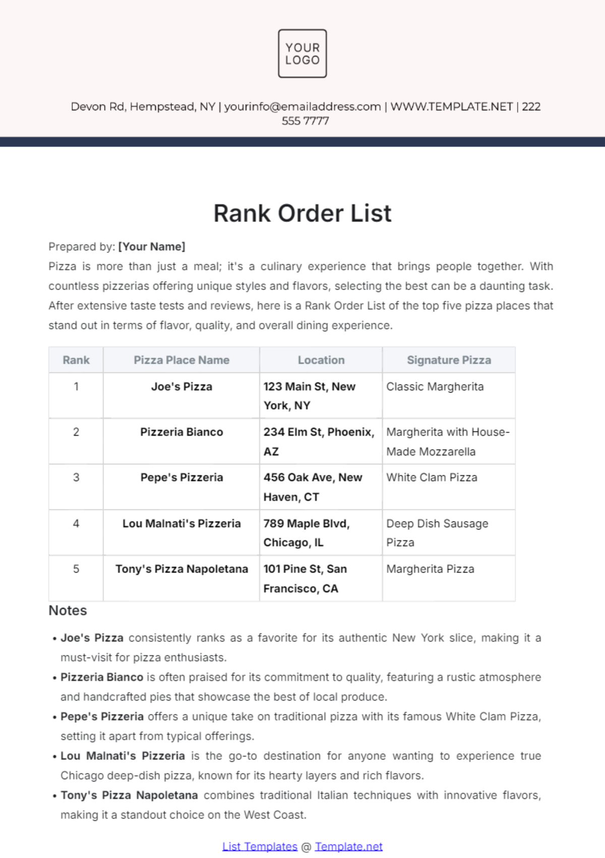 Rank Order List Template