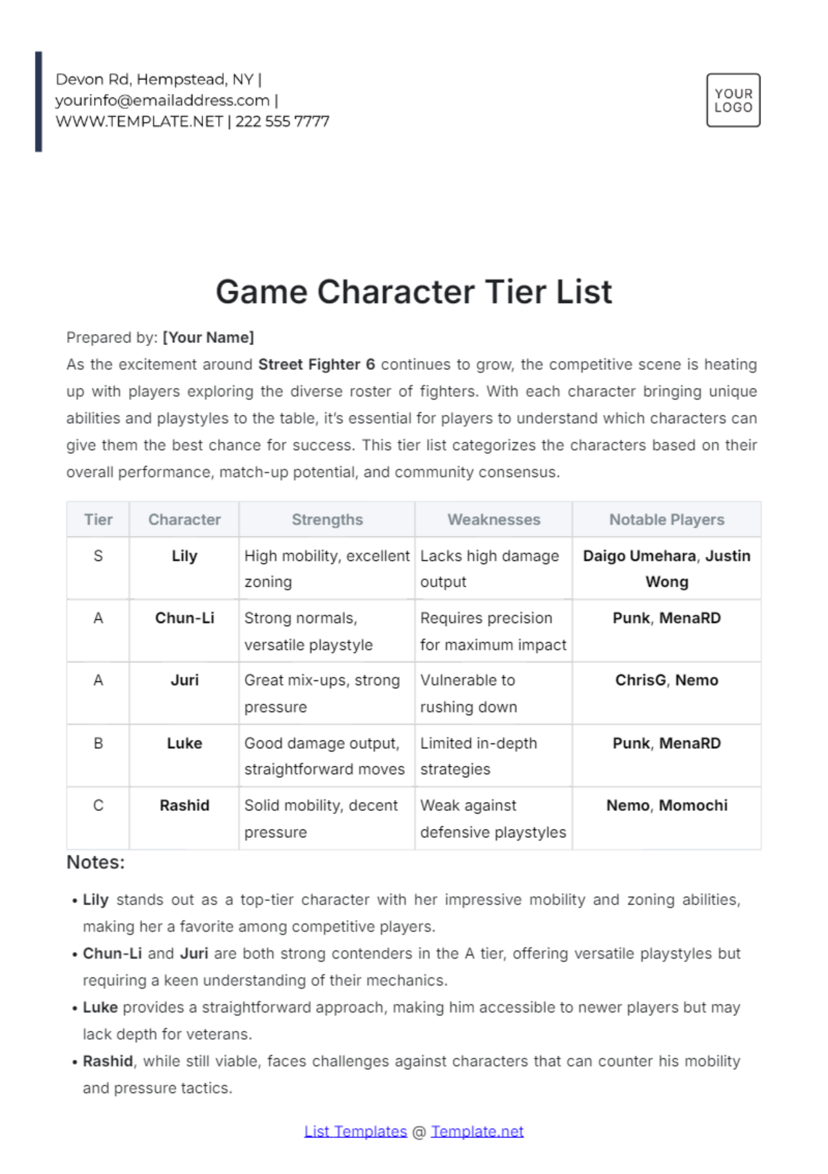 Game Character Tier List Template