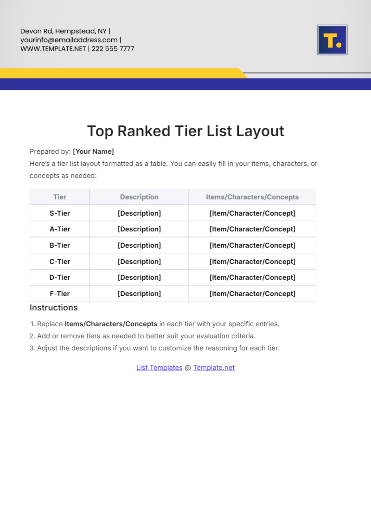 Top Ranked Tier List Layout Template