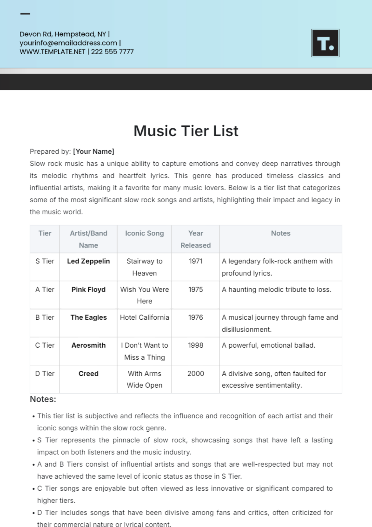 Music Tier List Template