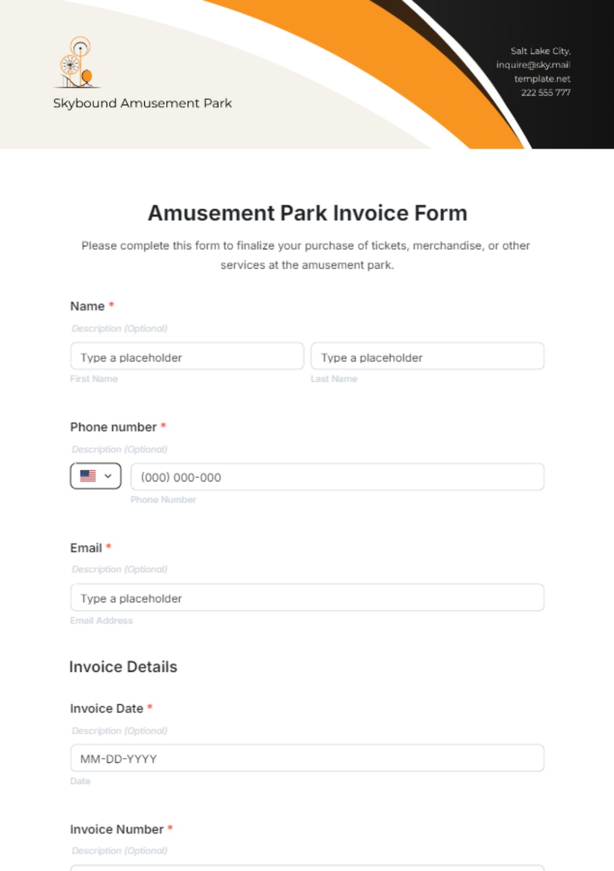 Amusement Park Invoice Form Template - Edit Online & Download