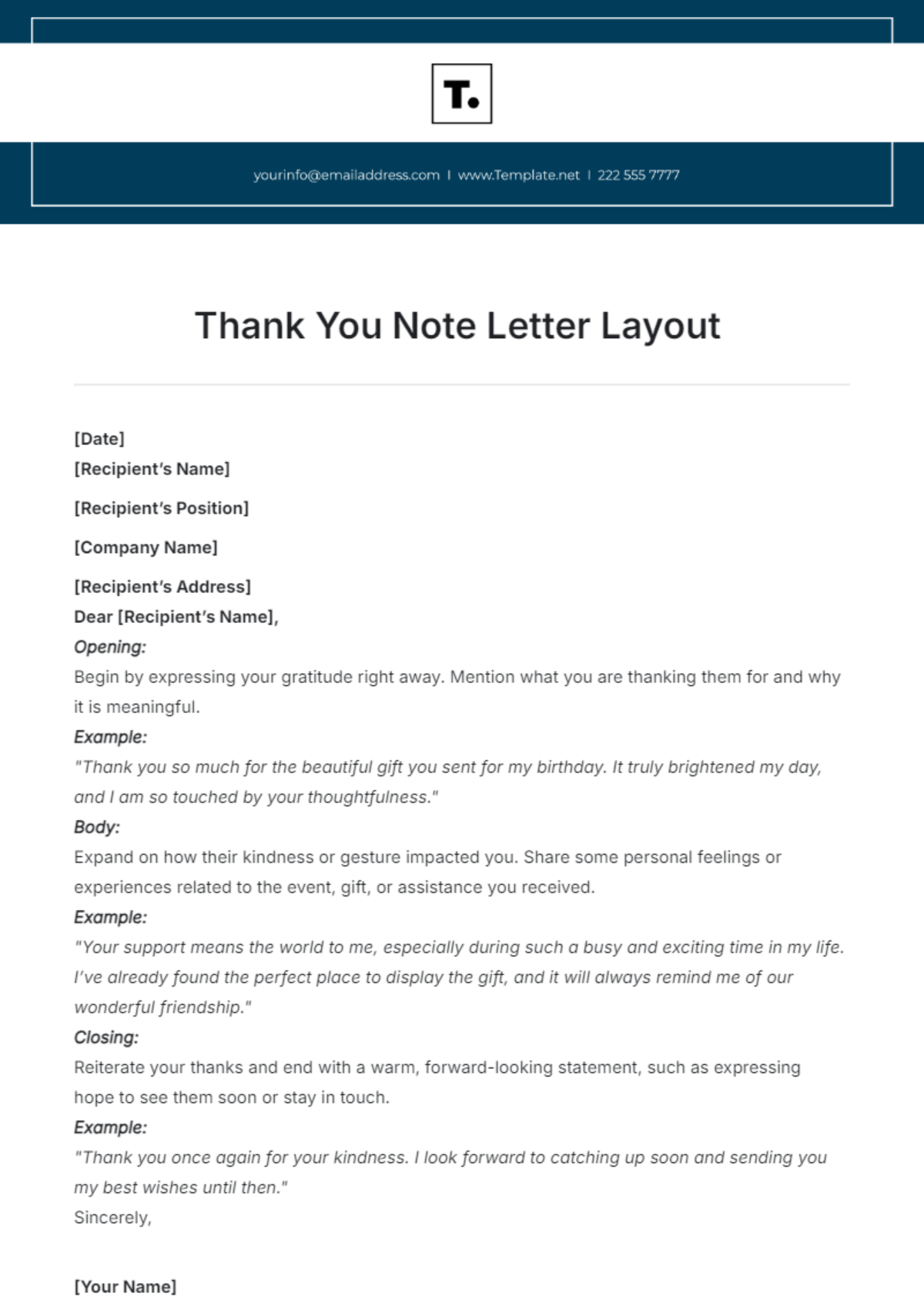 Thank You Note Letter Layout Template - Edit Online & Download