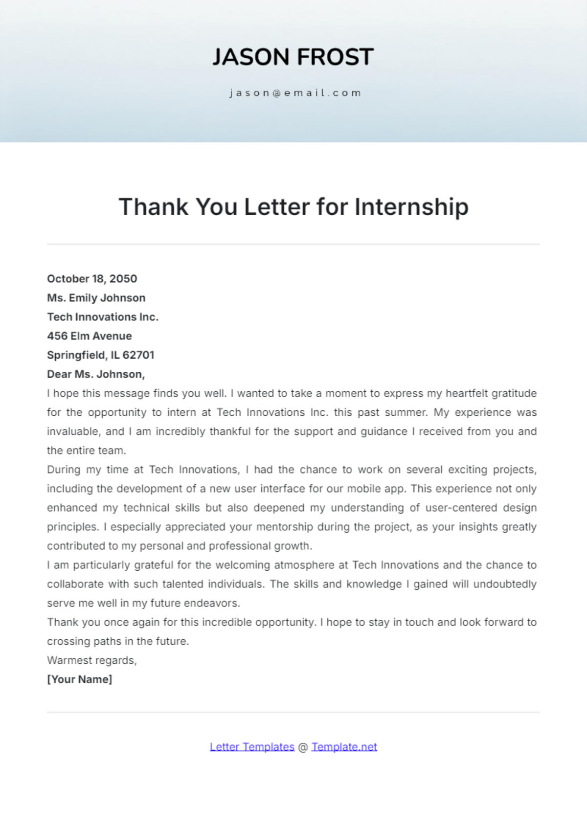 Thank You Letter for Internship Template - Edit Online & Download