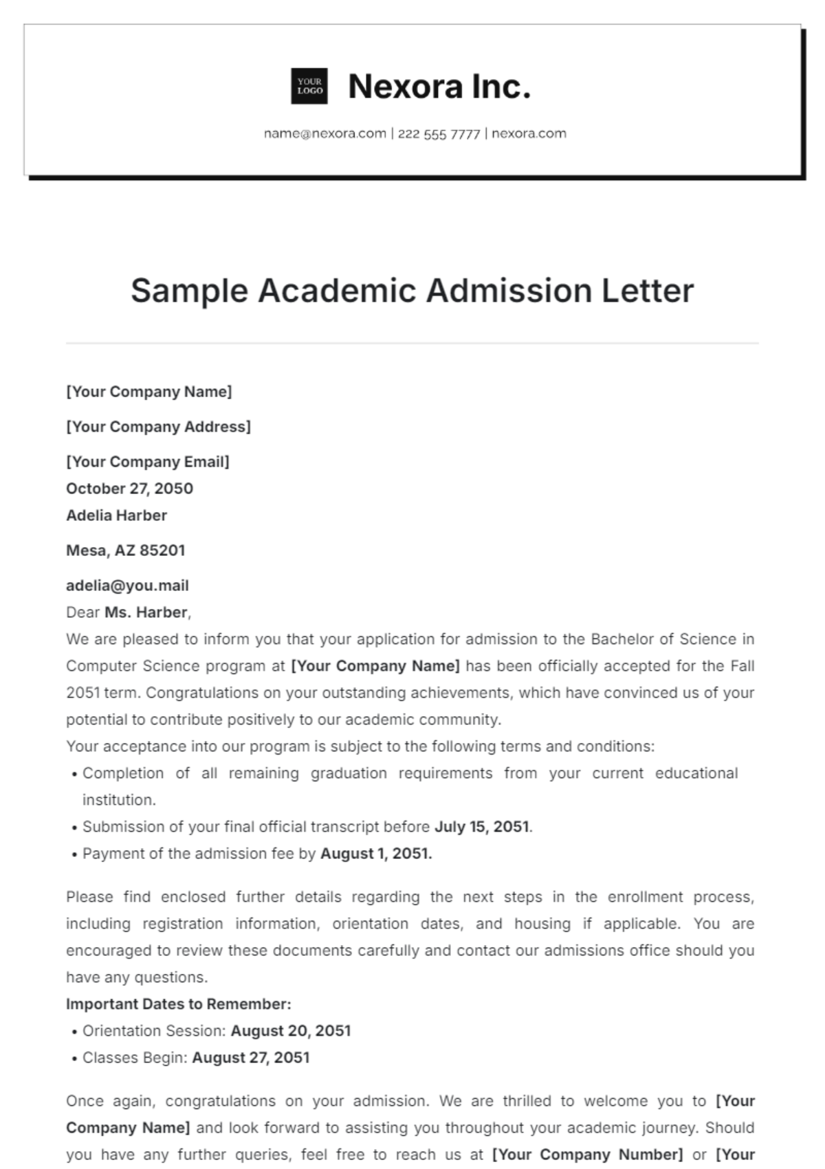 Sample Academic Admission Letter Template - Edit Online & Download