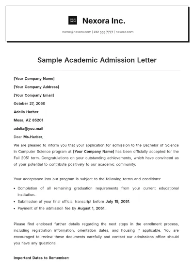 Free Sample Academic Admission Letter Template to Edit Online