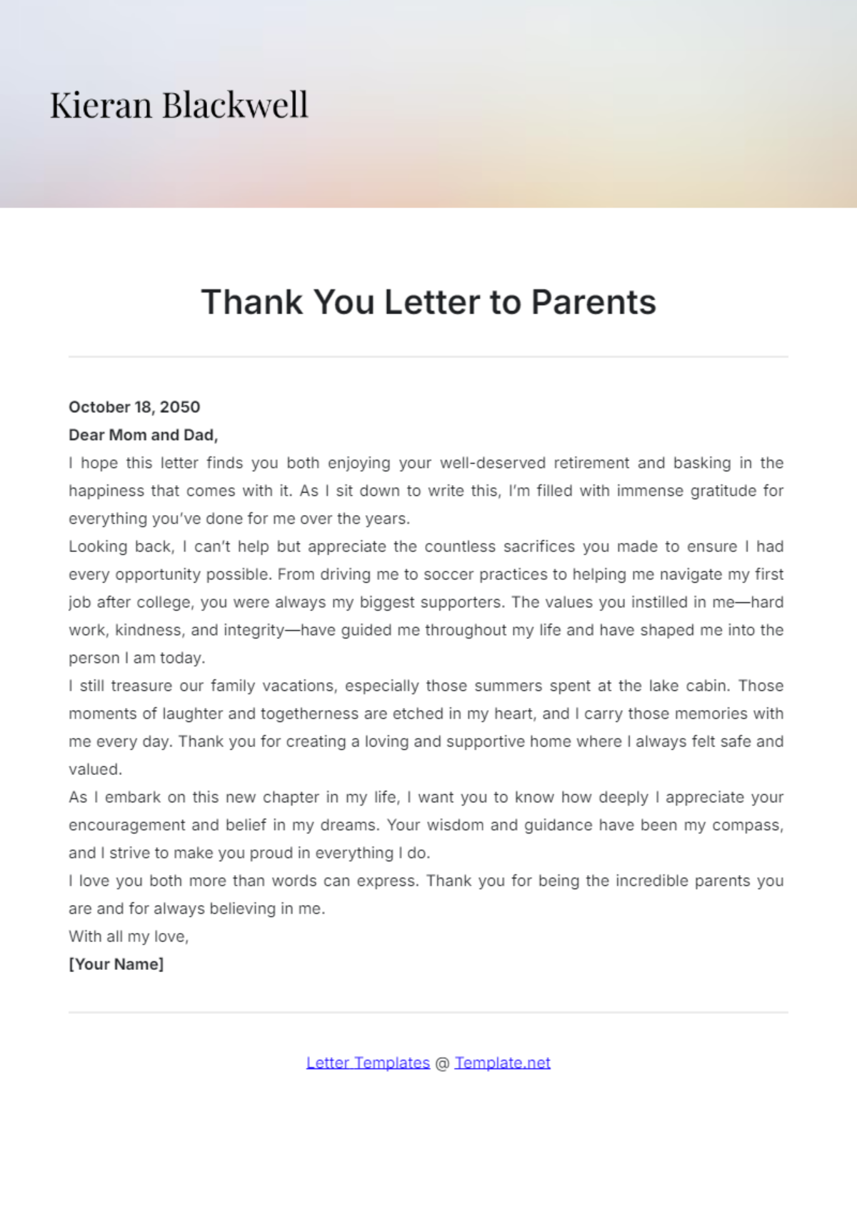 Thank You Letter to Parents Template - Edit Online & Download