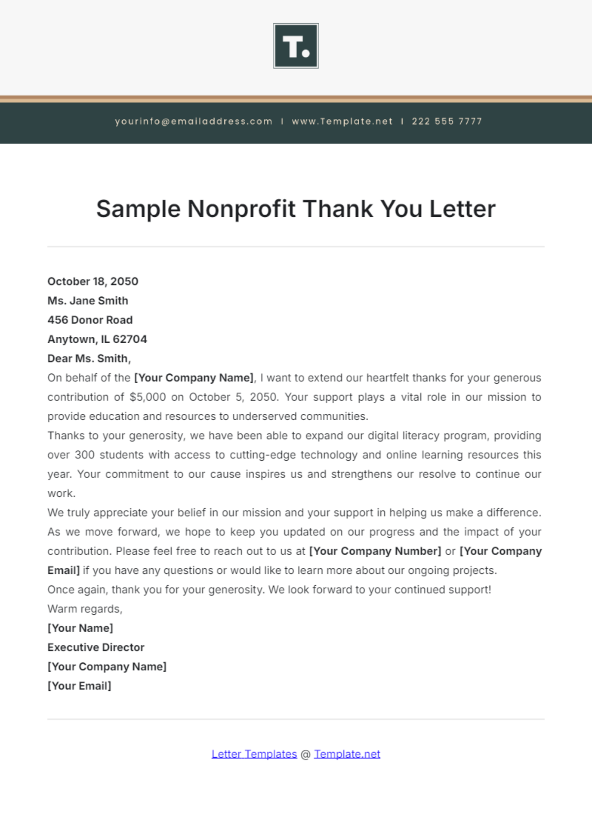 Sample Nonprofit Thank You Letter Template - Edit Online & Download