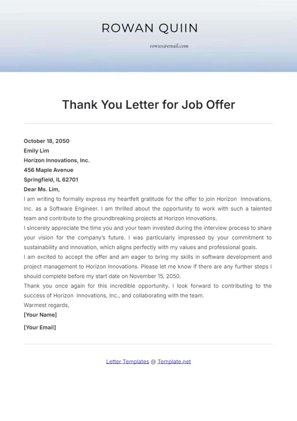 Thank You Letter for Job Offer Template - Edit Online & Download