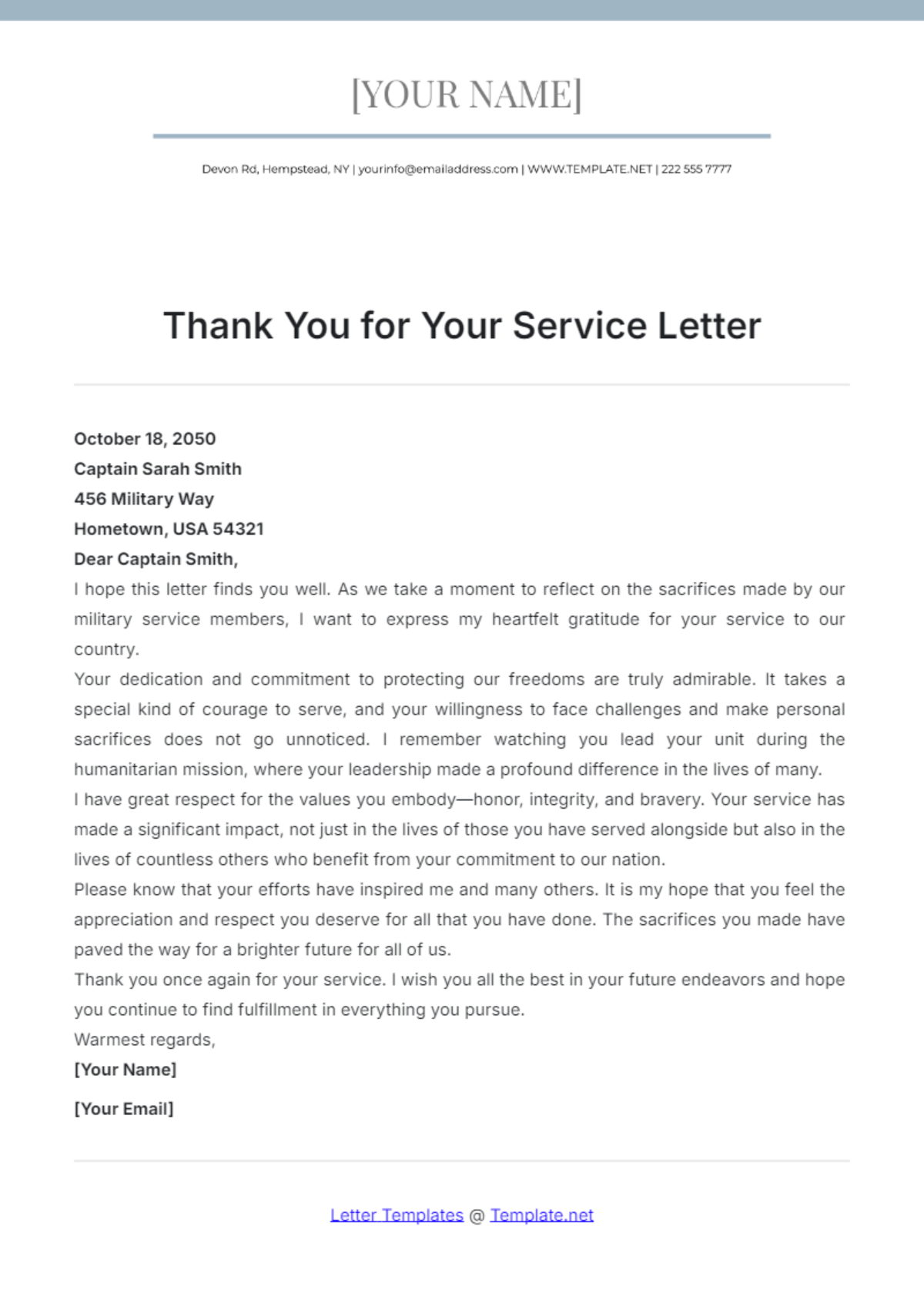 Thank You for Your Service Letter Template - Edit Online & Download