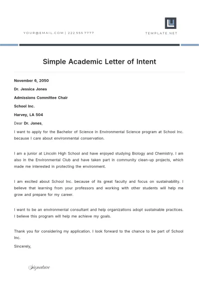 Free Simple Academic Letter of Intent Template to Edit Online