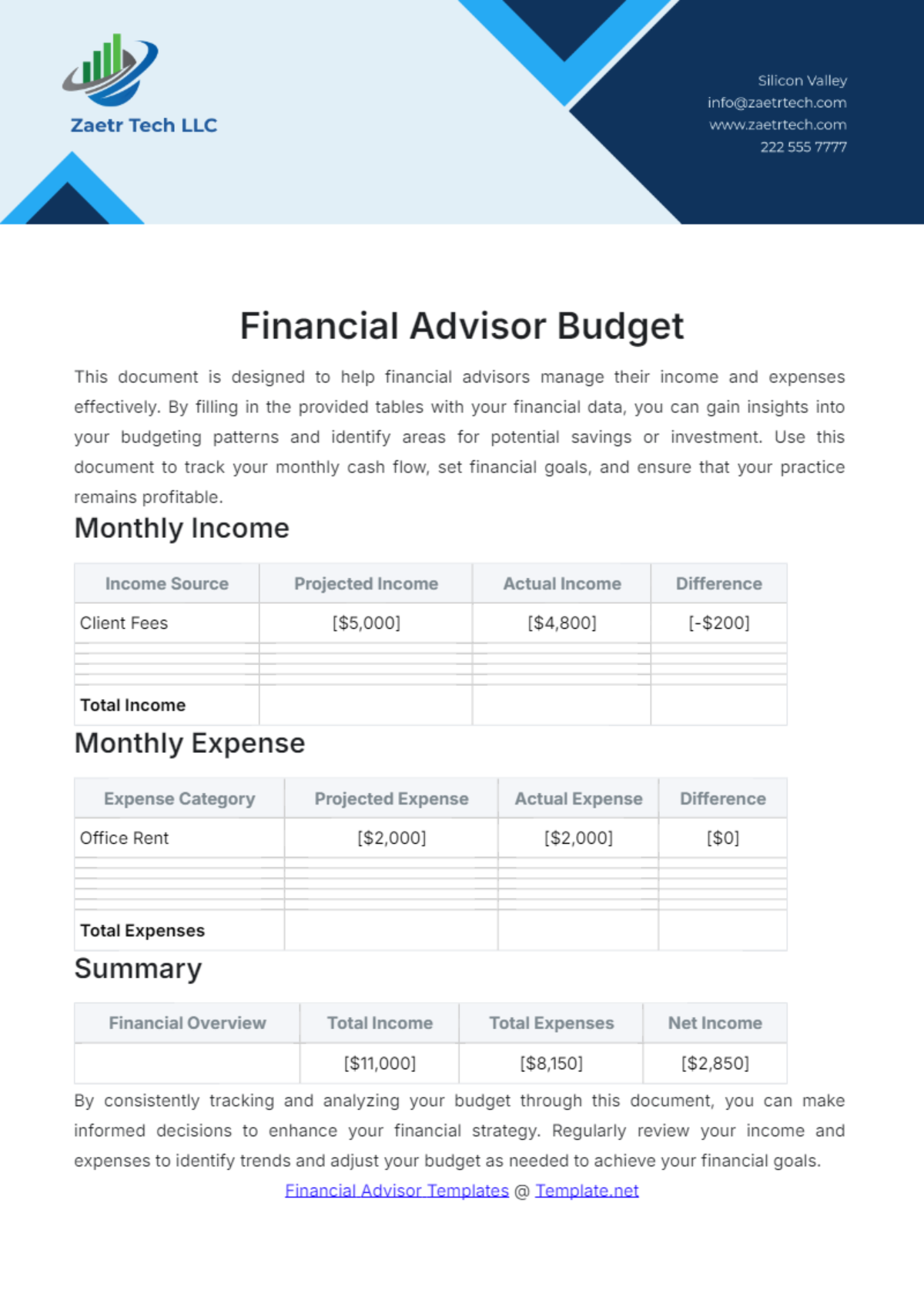 Financial Advisor Budget Template - Edit Online & Download