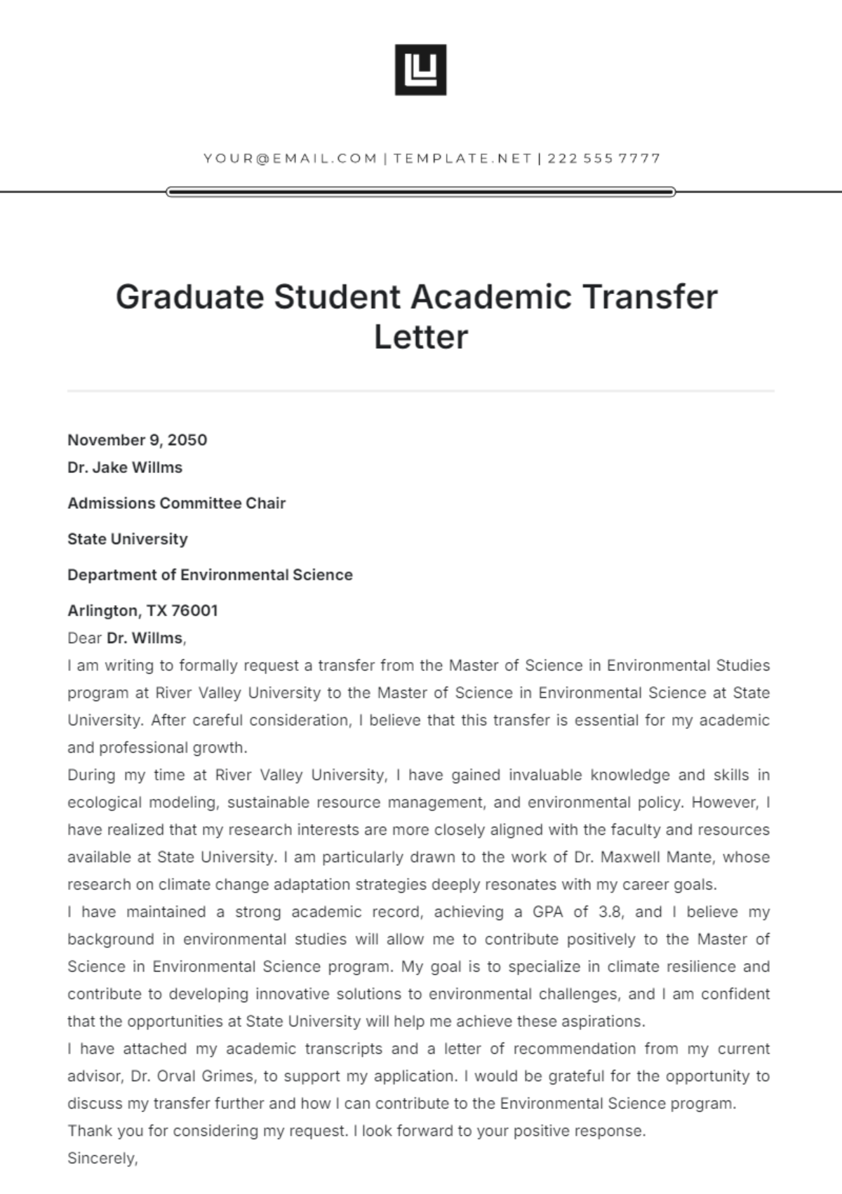 Graduate Student Academic Transfer letter Template - Edit Online & Download