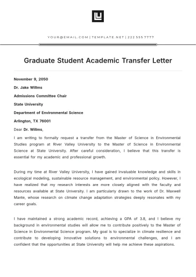 Free Graduate Student Academic Transfer letter Template to Edit Online