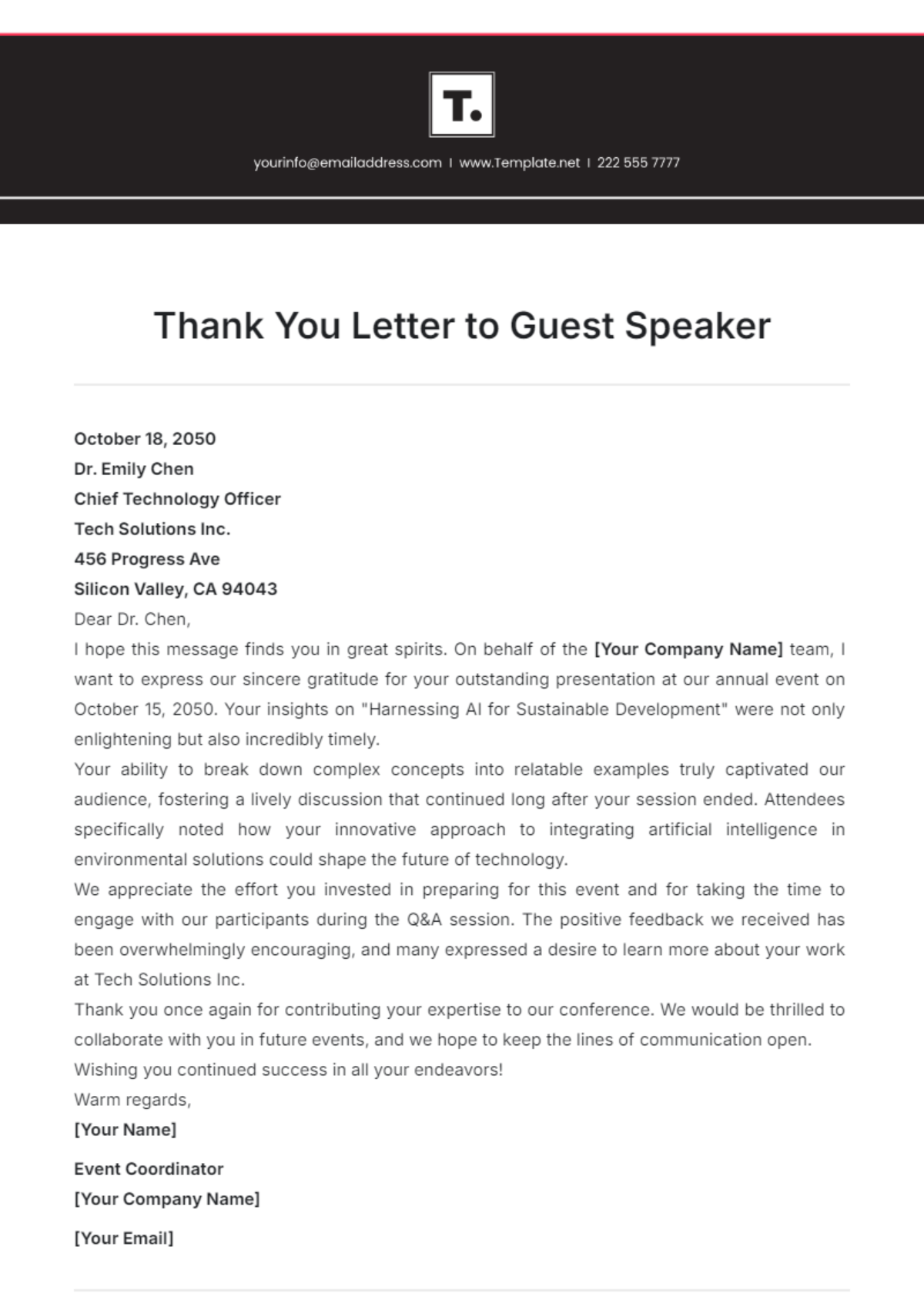 Thank You Letter to Guest Speaker Template - Edit Online & Download