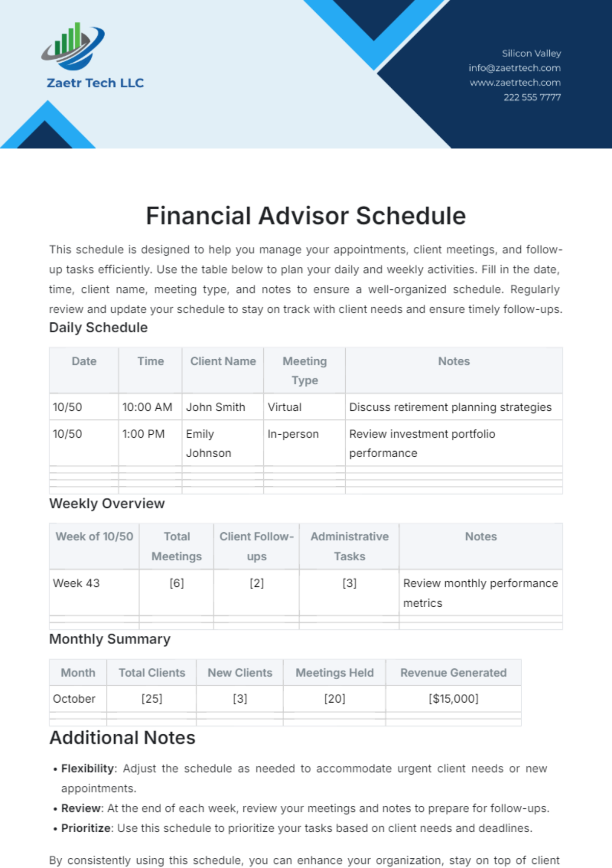 Financial Advisor Schedule Template - Edit Online & Download