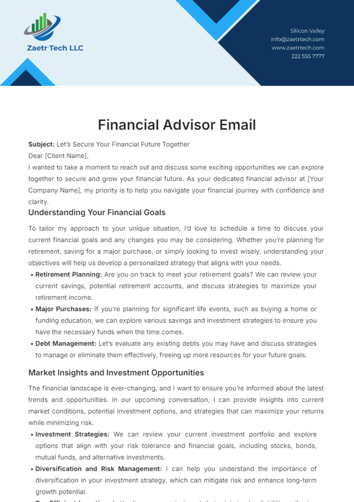 Financial Advisor Email Template - Edit Online & Download