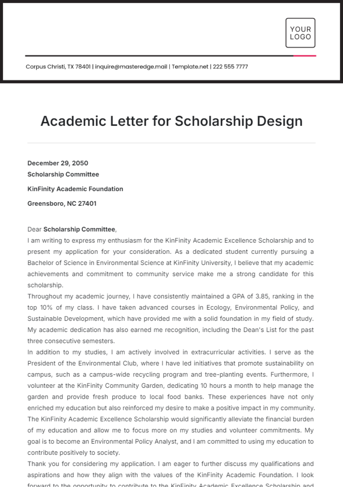 Academic Letter for Scholarship Design Template - Edit Online & Download