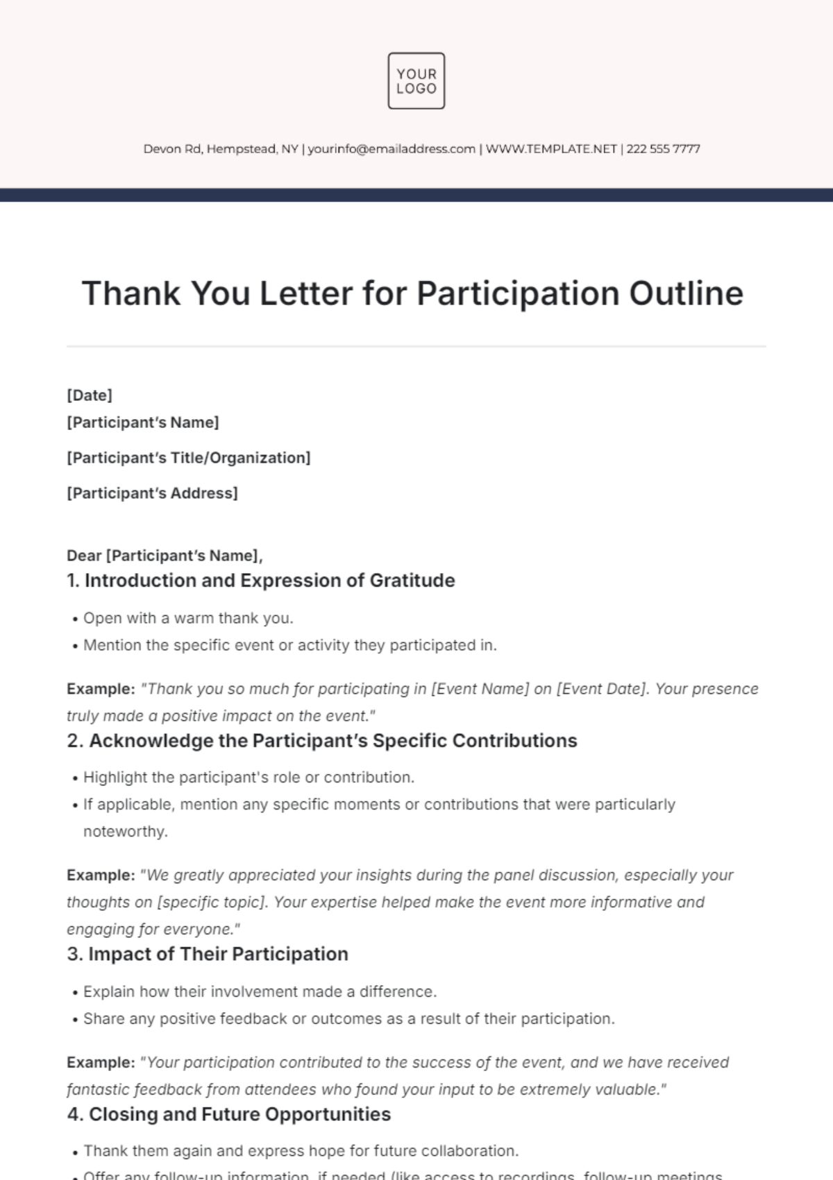 Thank You Letter for Participation Outline Template - Edit Online & Download