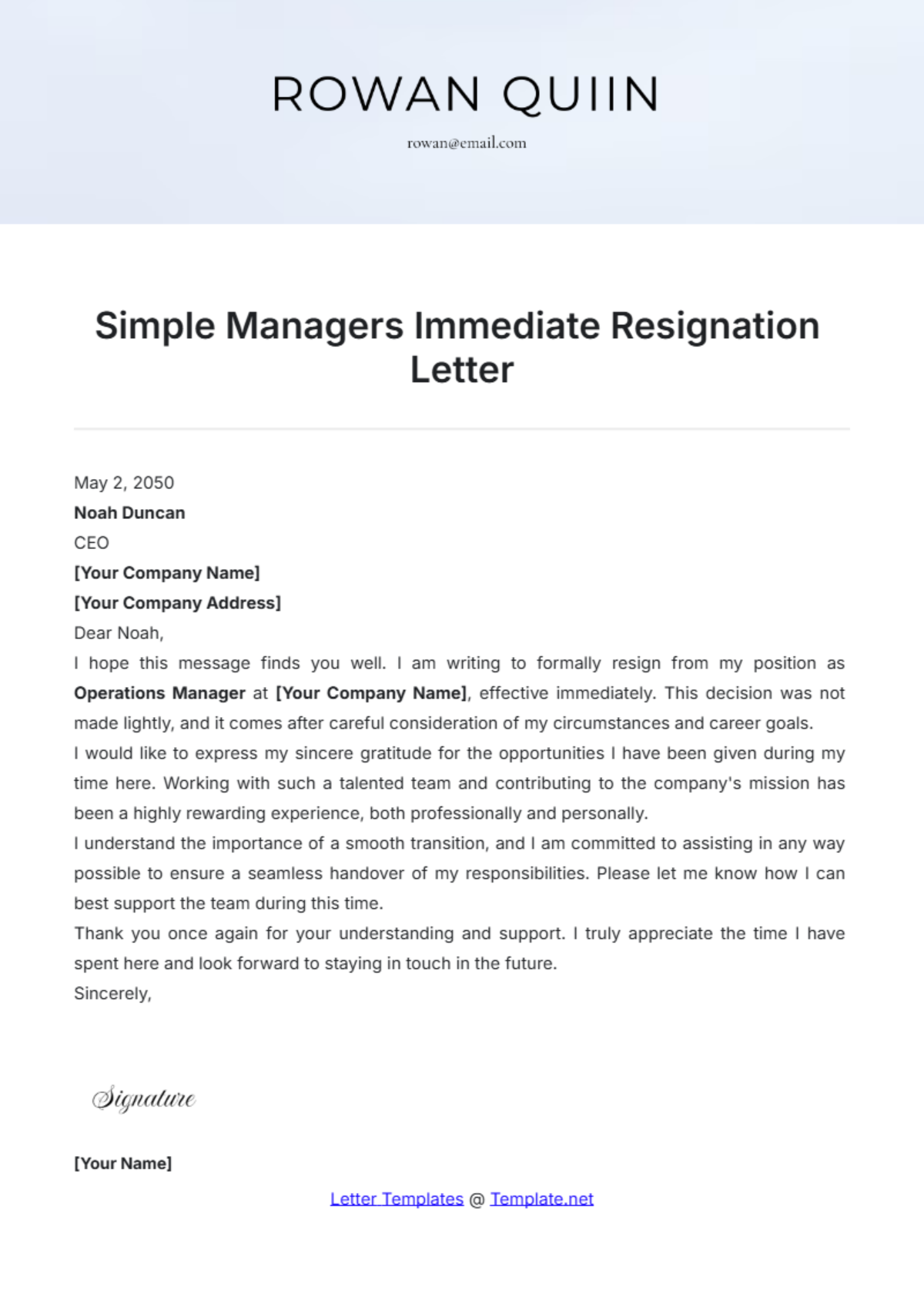 Simple Managers Immediate Resignation Letter Template - Edit Online & Download