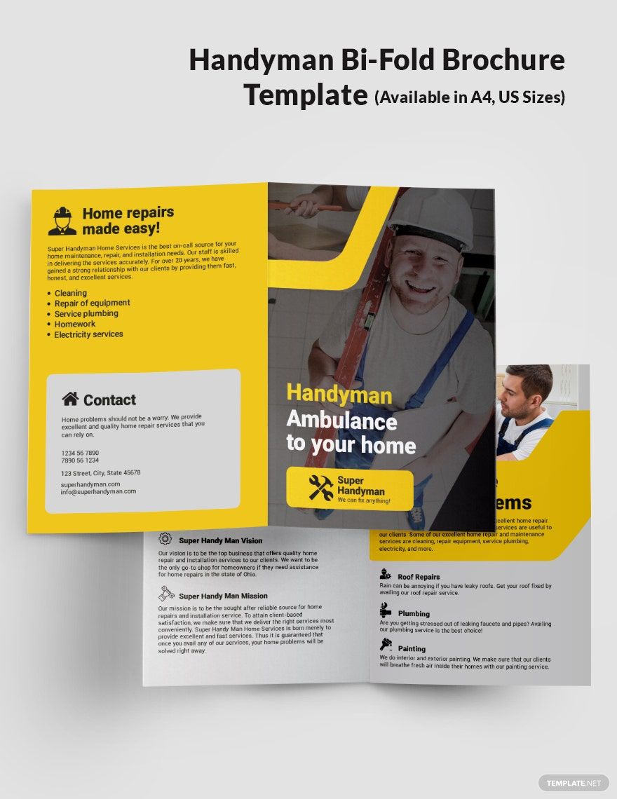 Handyman Bi-Fold Brochure Template in Word, Google Docs, Illustrator, PSD, Apple Pages, Publisher, InDesign