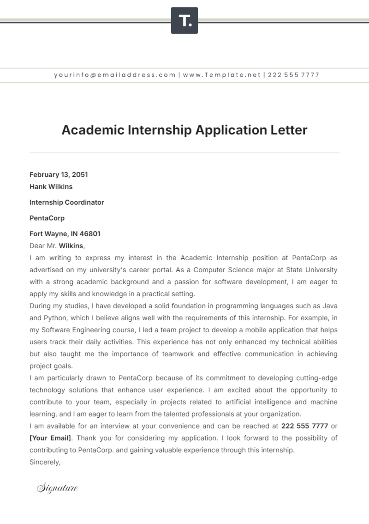 Academic Internship Application Letter Template - Edit Online & Download