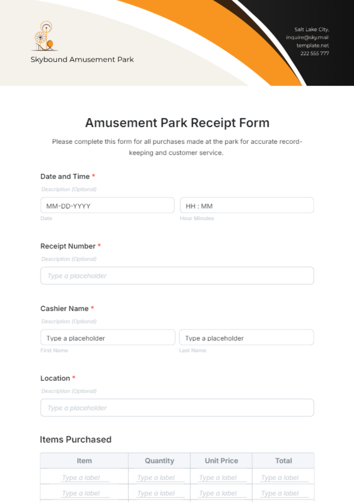 Amusement Park Receipt Form Template - Edit Online & Download