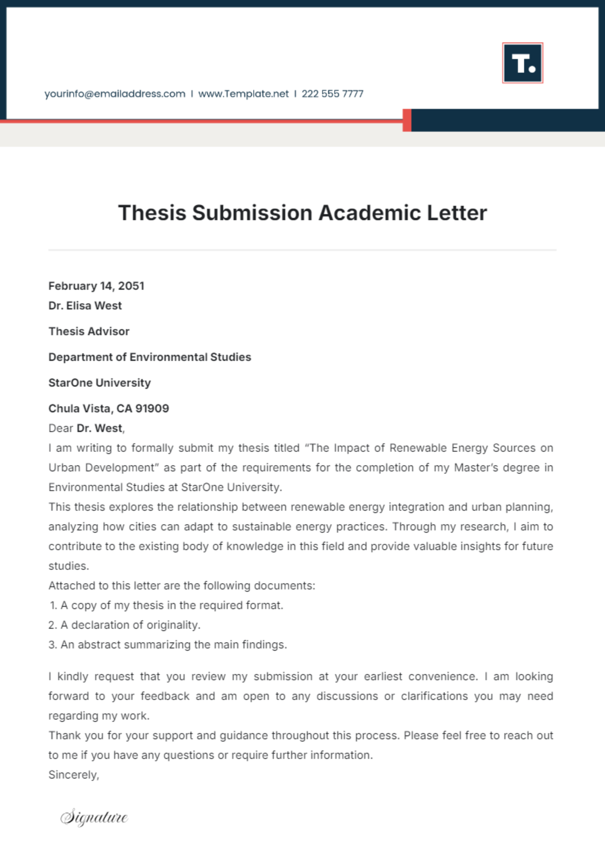 Thesis Submission Academic Letter Template