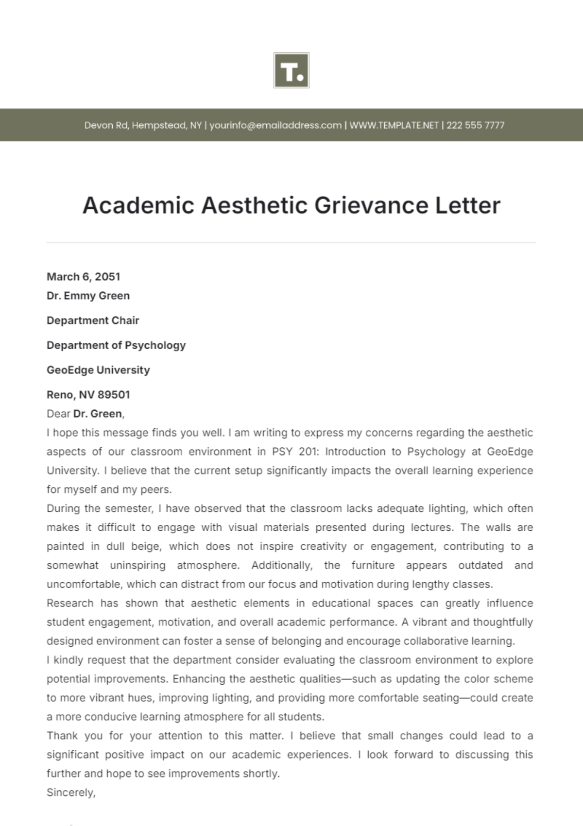 Academic Aesthetic Grievance Letter Template