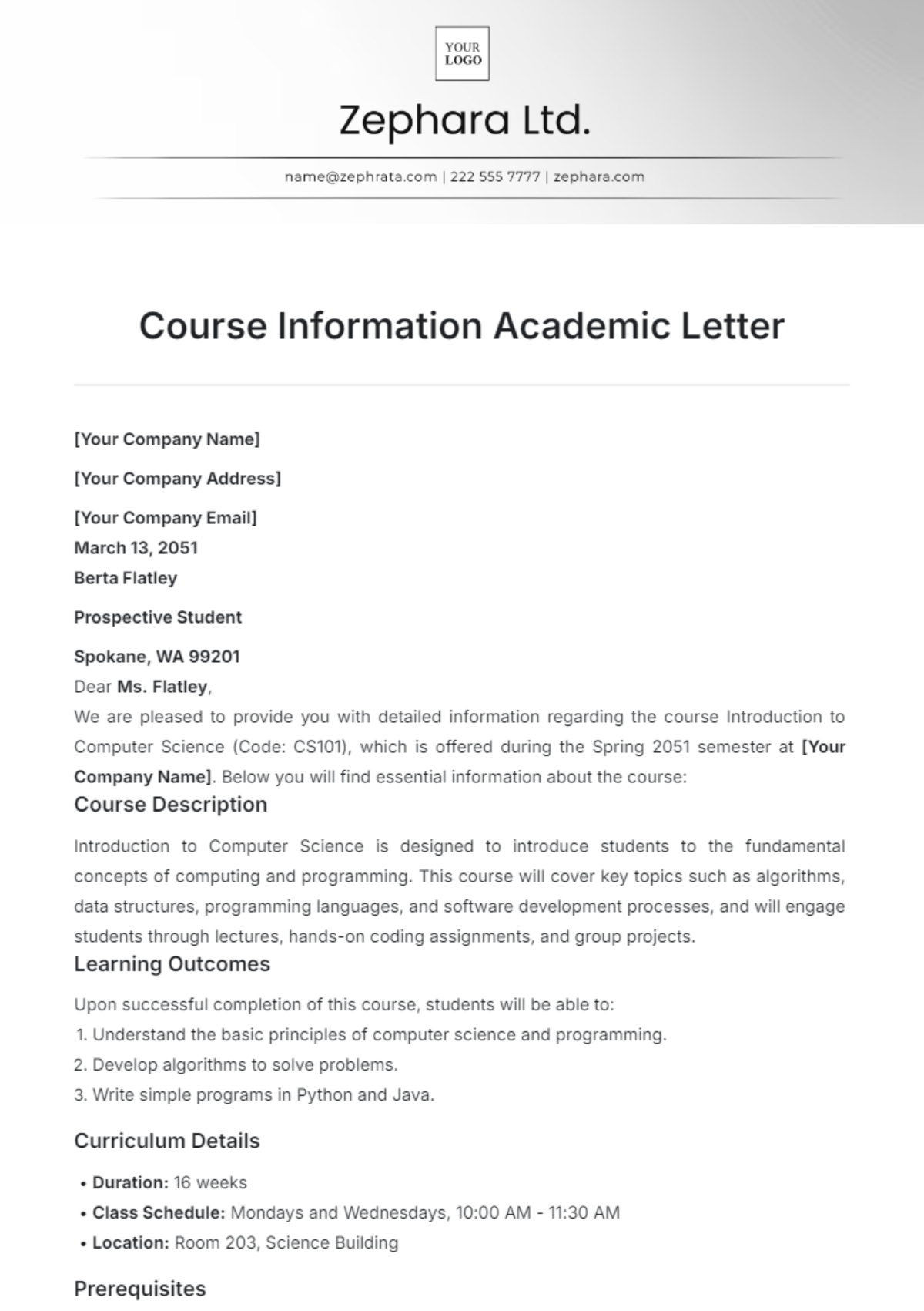 Course Information Academic Letter Template